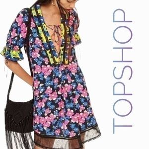 TOPSHOP retro mod floral babydoll mini dress lime yellow pink blue size 10